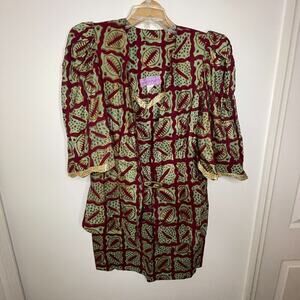 Sherries Vintage Ethnic Two Piece Blouse & Skirt Set Size 10 Metallic Gold Trim